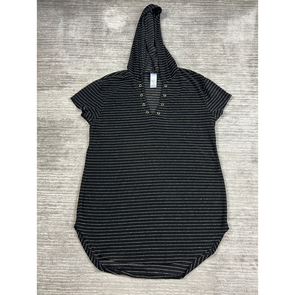 Time and Tru Tunic Top Womens L Black Silver Striped Hooded Grommet Short Sleeve